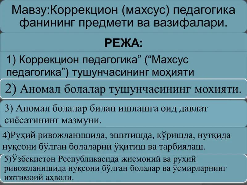 Руҳий ривожланишида, эшитишда, кўришда, нутқида нуқсони бўлган болаларни ўқитиш ва тарбиялаш