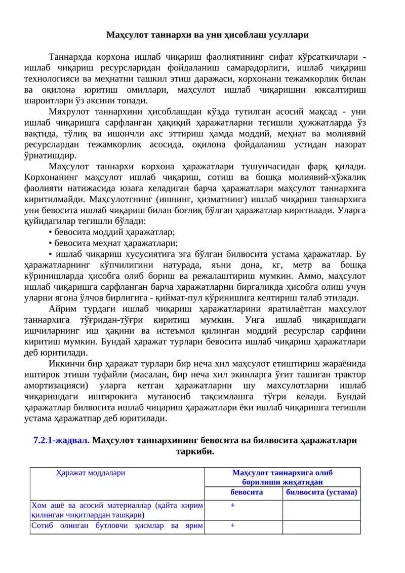 Маҳсулот таннархи ва уни ҳисоблаш усуллари