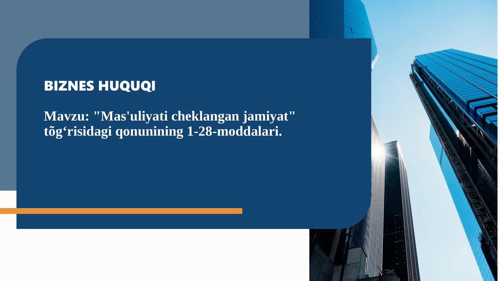 Mas'uliyati cheklangan jamiyat tõgʻrisidagi qonunining 1-28-moddalari.
