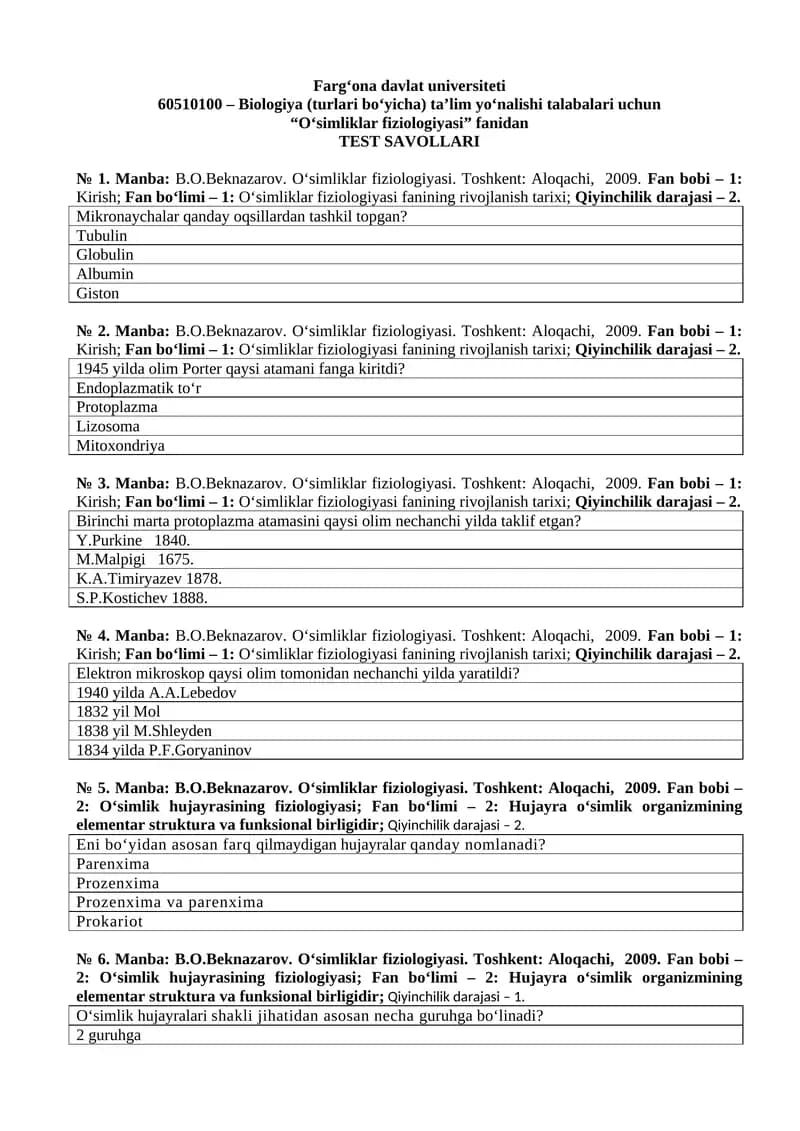 Oʻsimliklar fiziologiyasi TEST SAVOLLARI