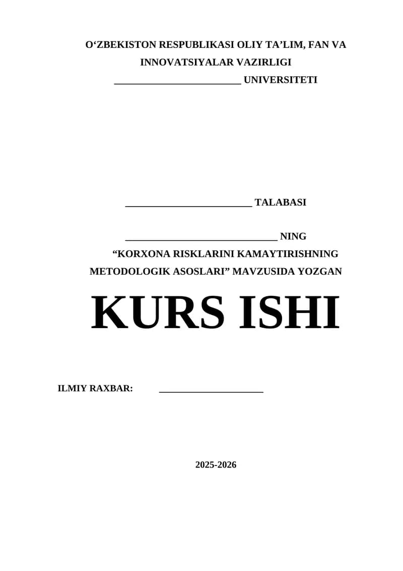 KORXONA RISKLARINI KAMAYTIRISHNING METODOLOGIK ASOSLARI