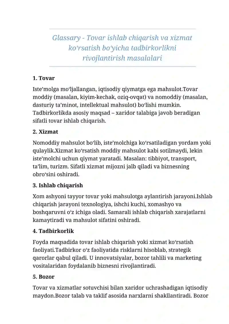 Glassary - Tovar ishlab chiqarish va xizmat koʻrsatish boʻyicha tadbirkorlikni rivojlantirish masalalari