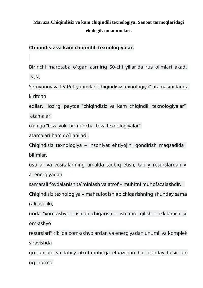 Chiqindisiz va kam chiqindili texnologiya. Sanoat tarmoqlaridagi ekologik muammolari.