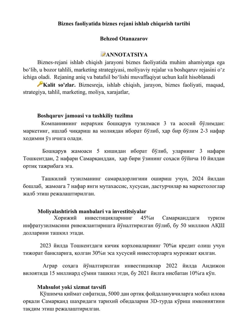 Biznes faoliyatida biznes rejani ishlab chiqarish tartibi