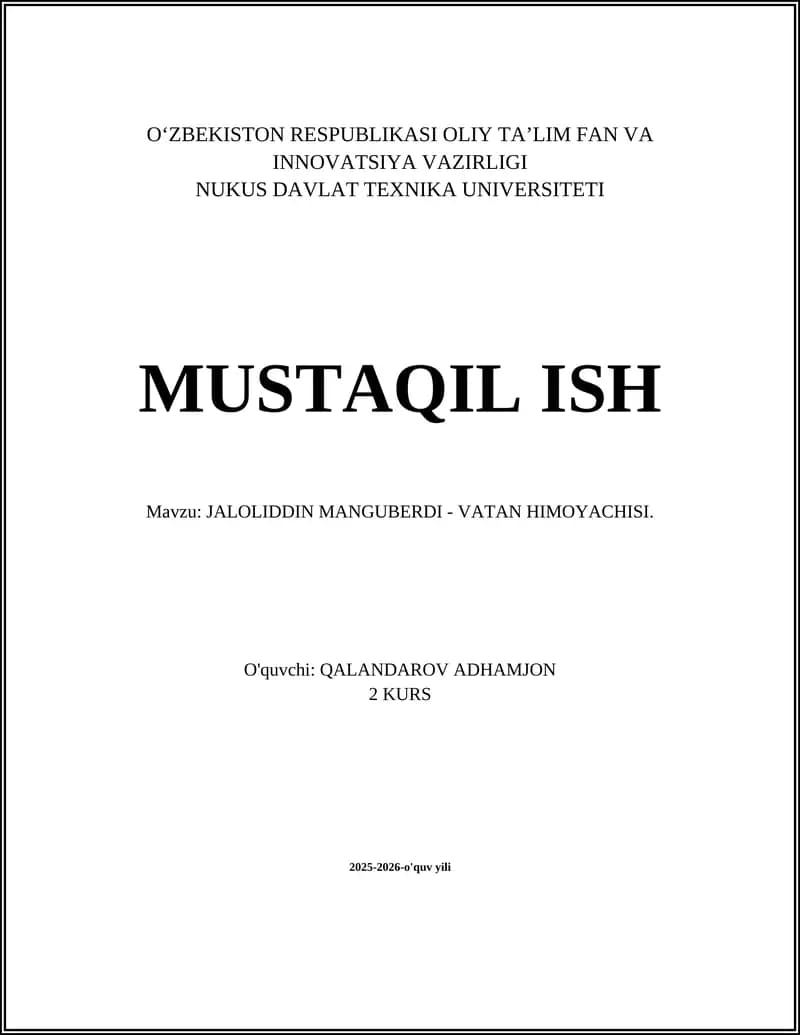 JALOLIDDIN MANGUBERDI - VATAN HIMOYACHISI