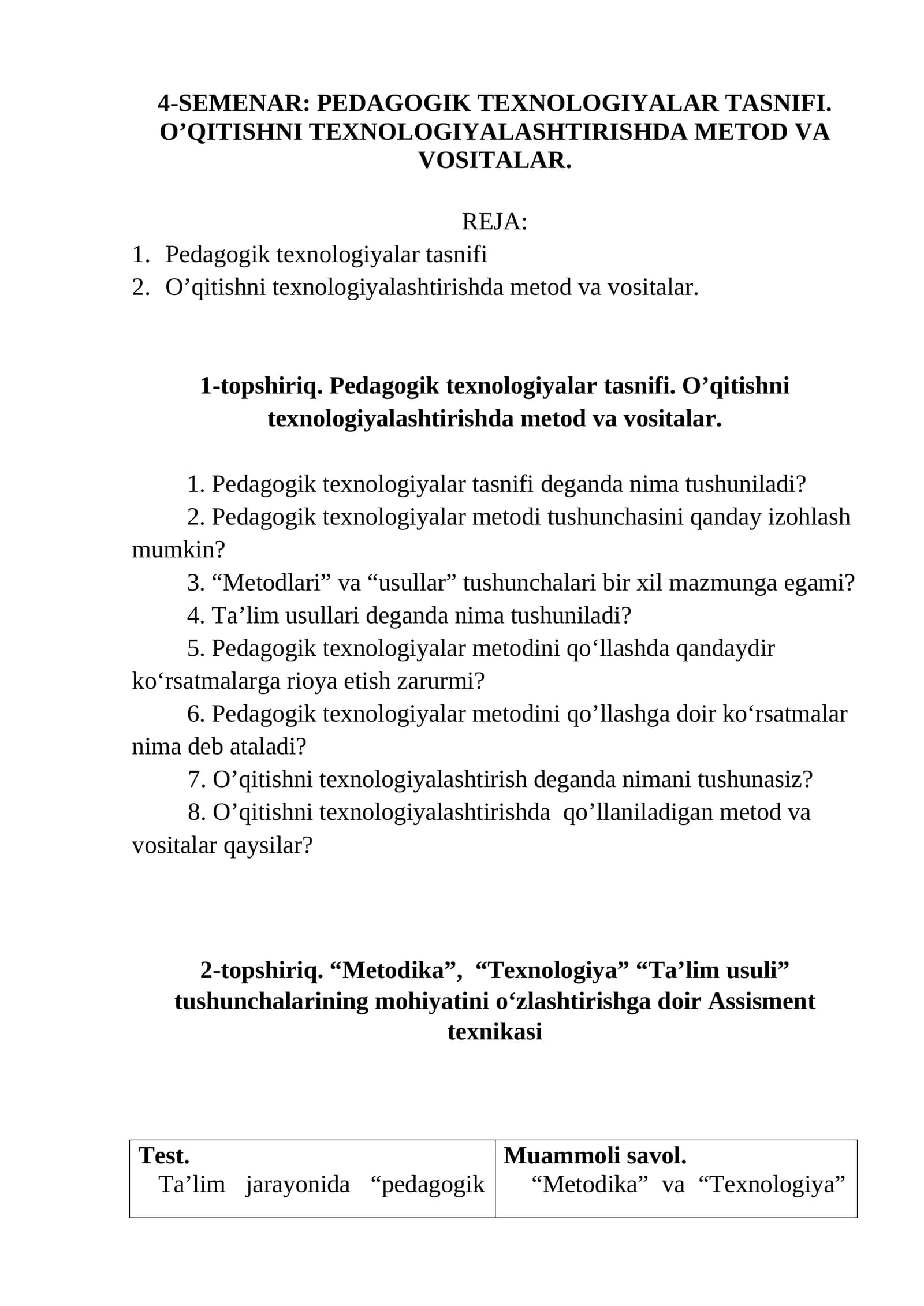 PEDAGOGIK TEXNOLOGIYALAR TASNIFI. O’QITISHNI TEXNOLOGIYALASHTIRISHDA METOD VA VOSITALAR