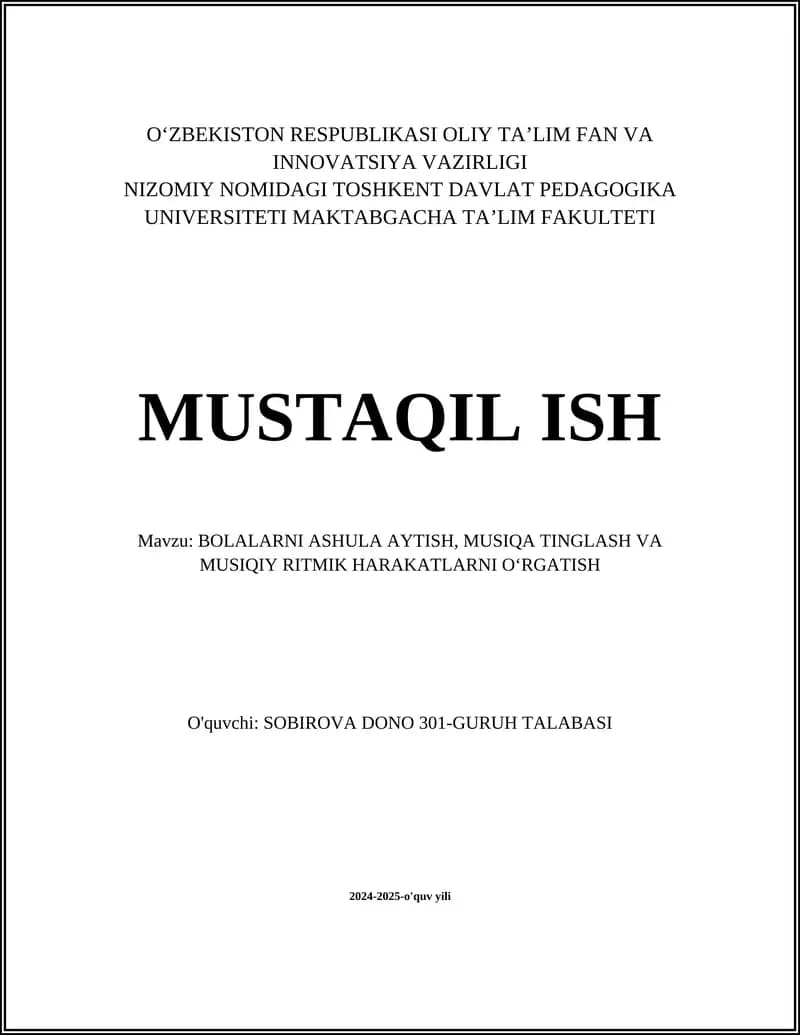 BOLALARNI ASHULA AYTISH, MUSIQA TINGLASH VA MUSIQIY RITMIK HARAKATLARNI OʻRGATISH