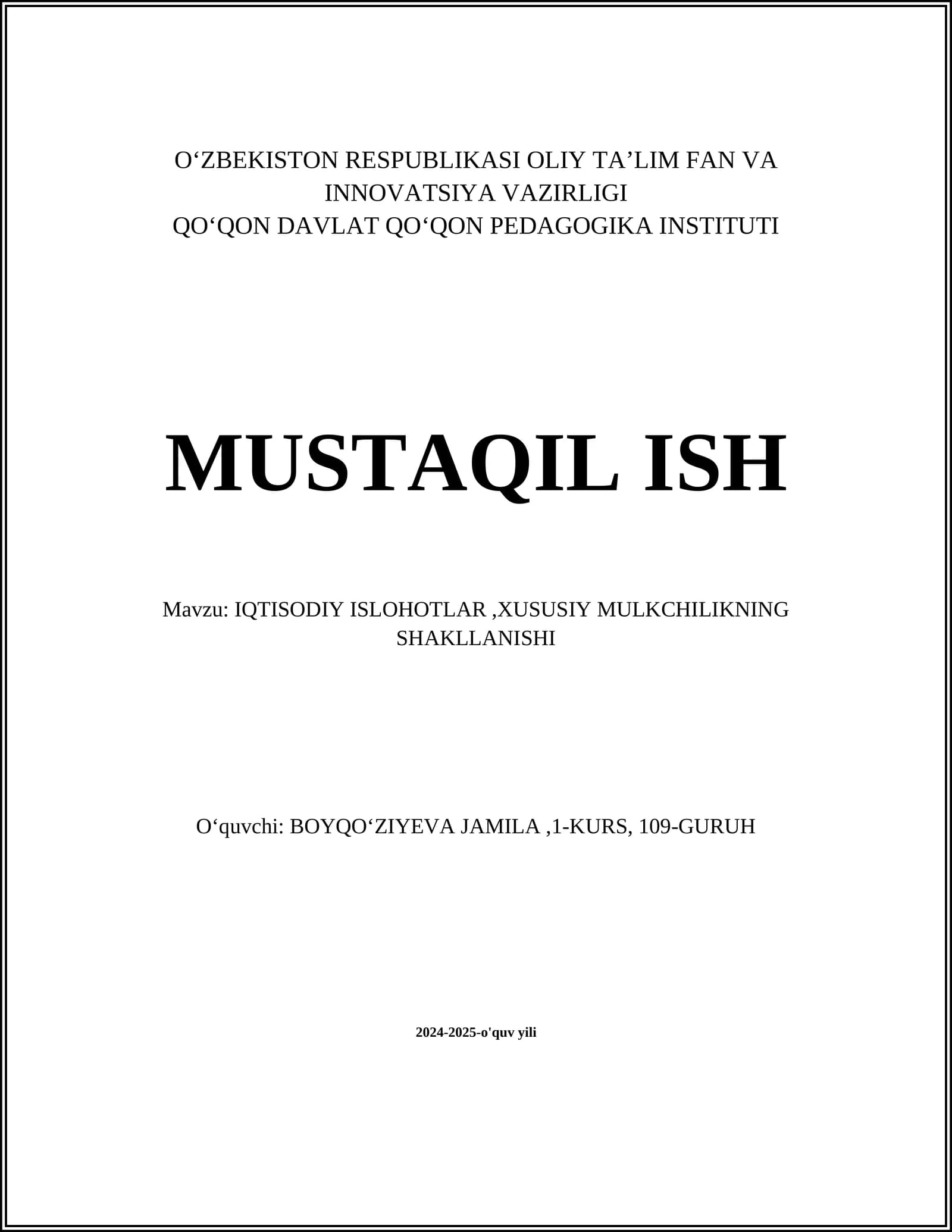 IQTISODIY ISLOHOTLAR,XUSUSIY MULKCHILIKNING SHAKLLANISHI