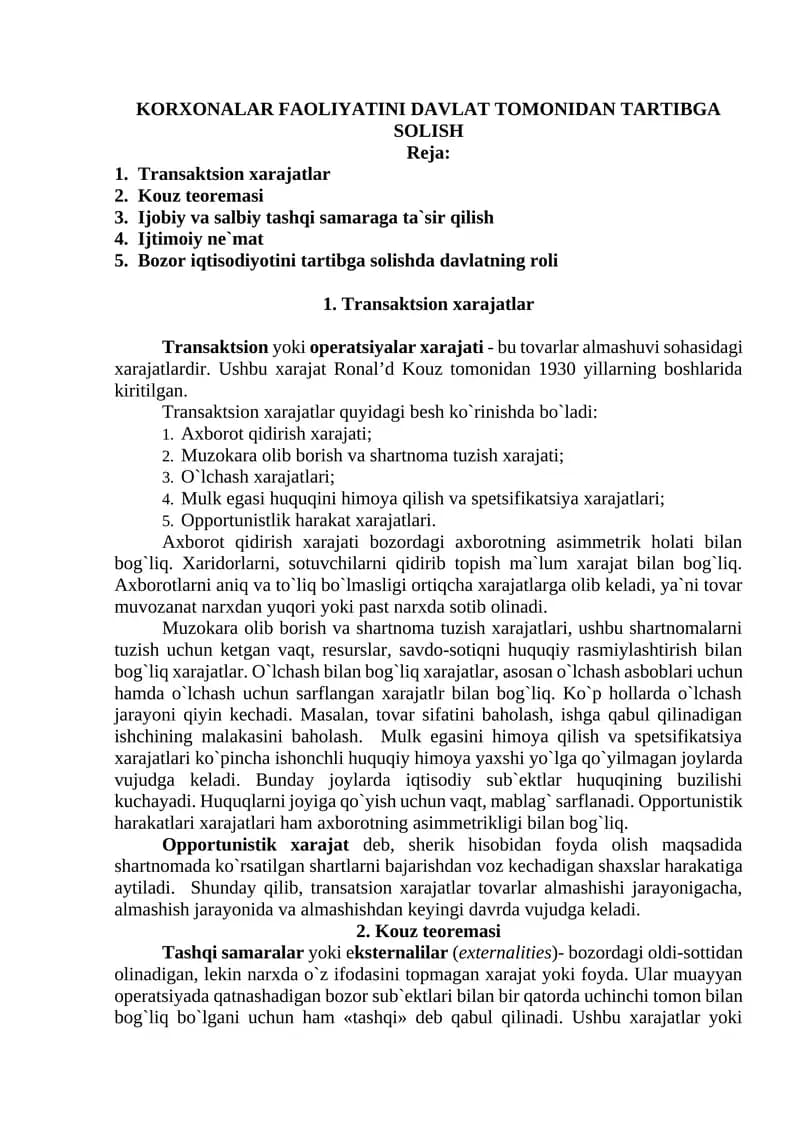 KORXONALAR FAOLIYATINI DAVLAT TOMONIDAN TARTIBGA  SOLISH