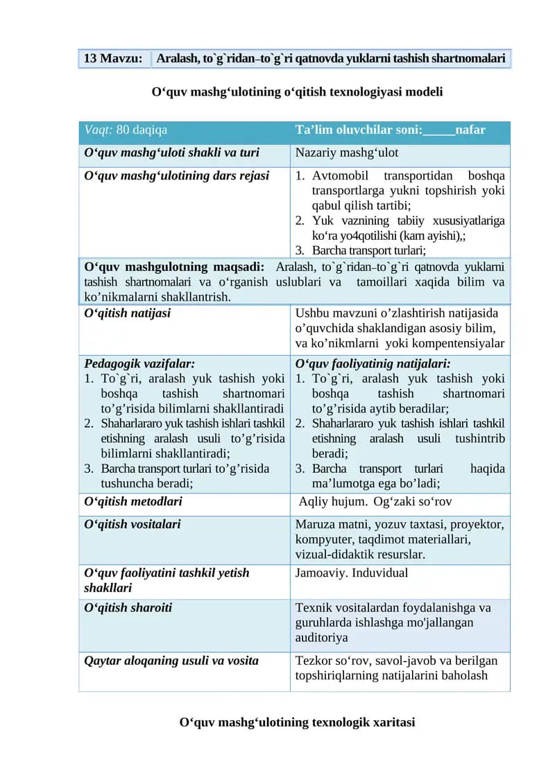 Aralash, to`g`ridan–to`g`ri qatnovda yuklarni tashish shartnomalari