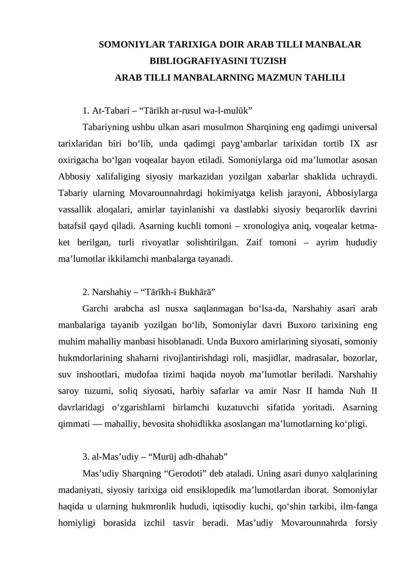 Somoniylar tarixiga doir arab tilli manbalar bibliografiyasini tuzish