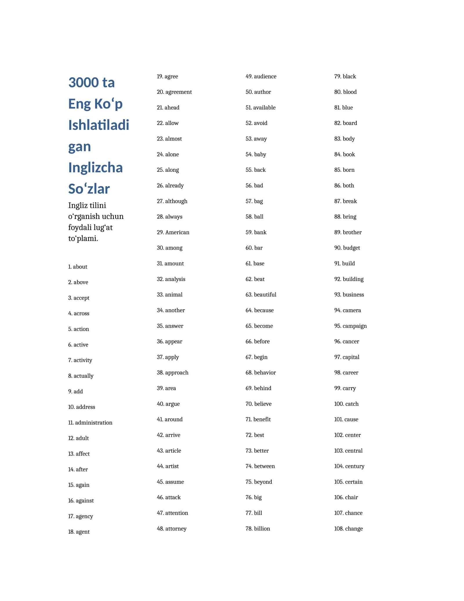 3000 ta eng ko‘p ishlatiladigan inglizcha so‘zlar ro‘yxati