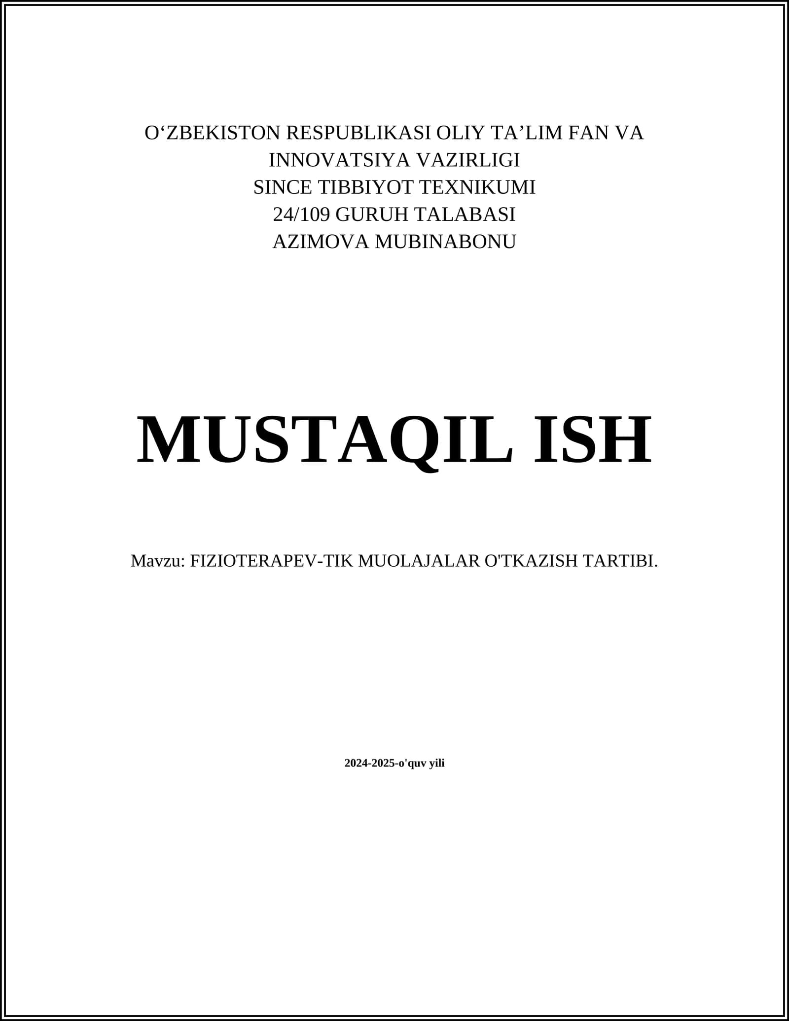 FIZIOTERAPEV-TIK MUOLAJALAR O'TKAZISH TARTIBI
