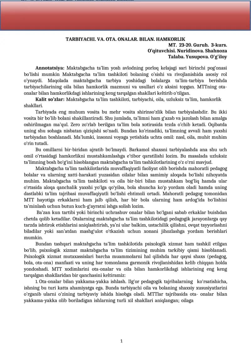 Maktabgacha ta’lim yosh avlodning porloq kelajagi sari birinchi pog’onasi