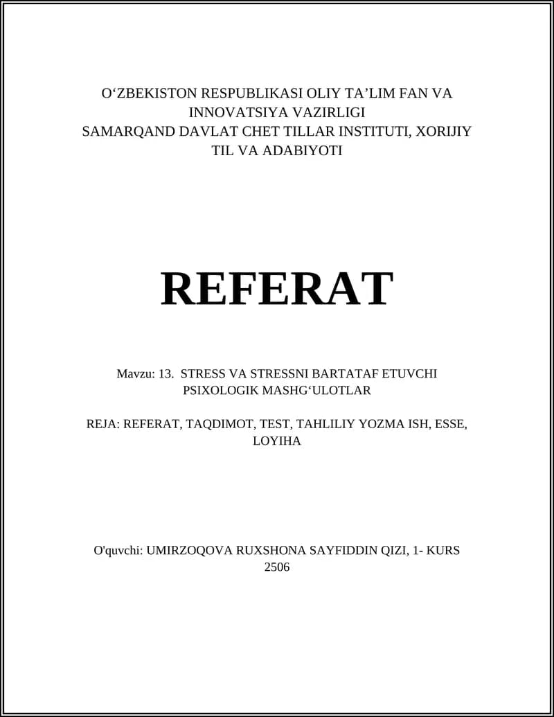 STRESS VA STRESSNI BARTATAF ETUVCHI PSIXOLOGIK MASHG‘ULOTLAR