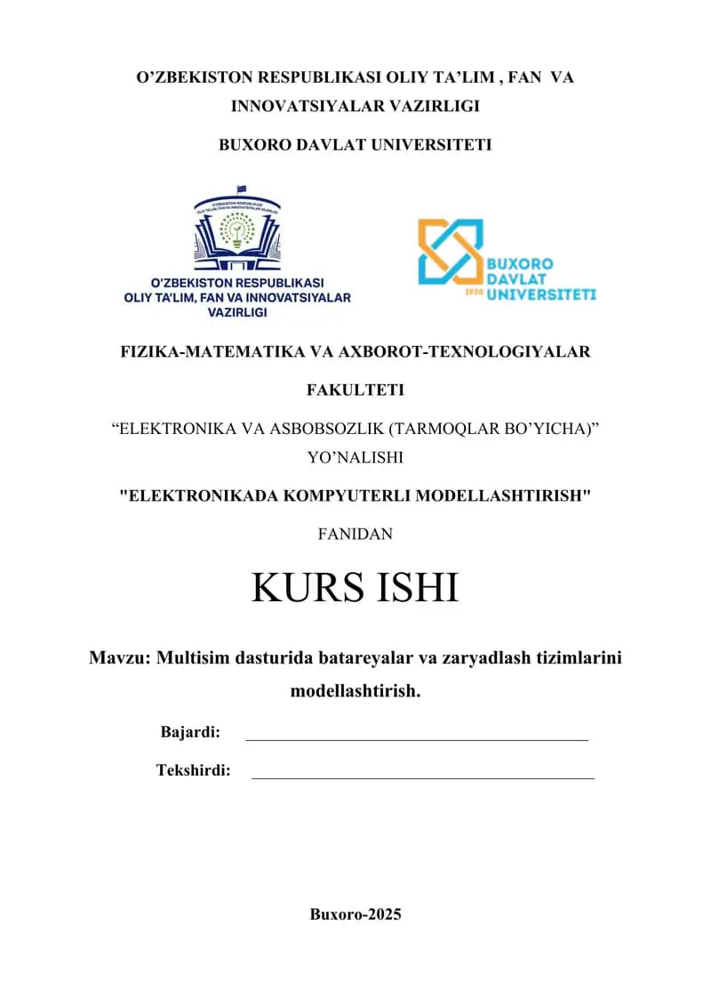 Multisim dasturida batareyalar va zaryadlash tizimlarini modellashtirish