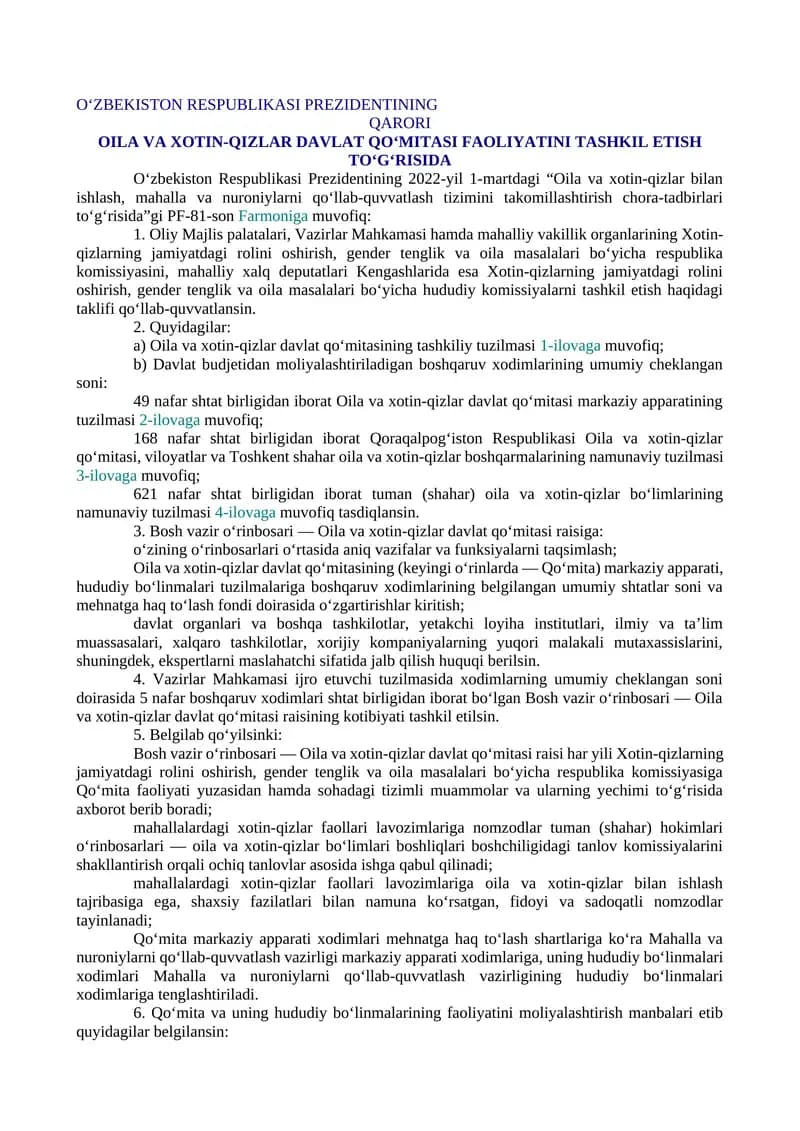 OILA VA XOTIN-QIZLAR DAVLAT QO‘MITASI FAOLIYATINI TASHKIL ETISH TO‘G‘RISIDA