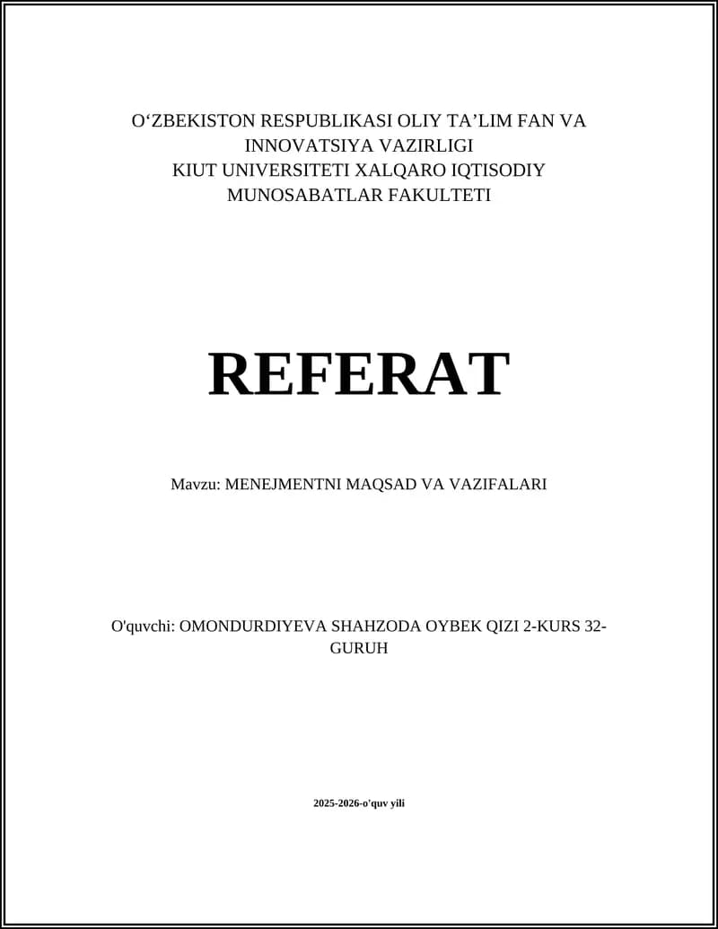 MENEJMENTNI MAQSAD VA VAZIFALARI