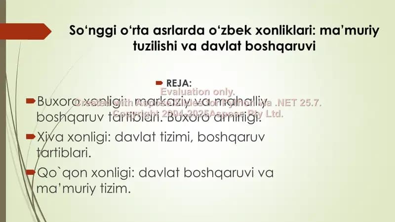 So‘nggi o‘rta asrlarda o‘zbek xonliklari ma’muriy tuzilishi va davlat boshqaruvi