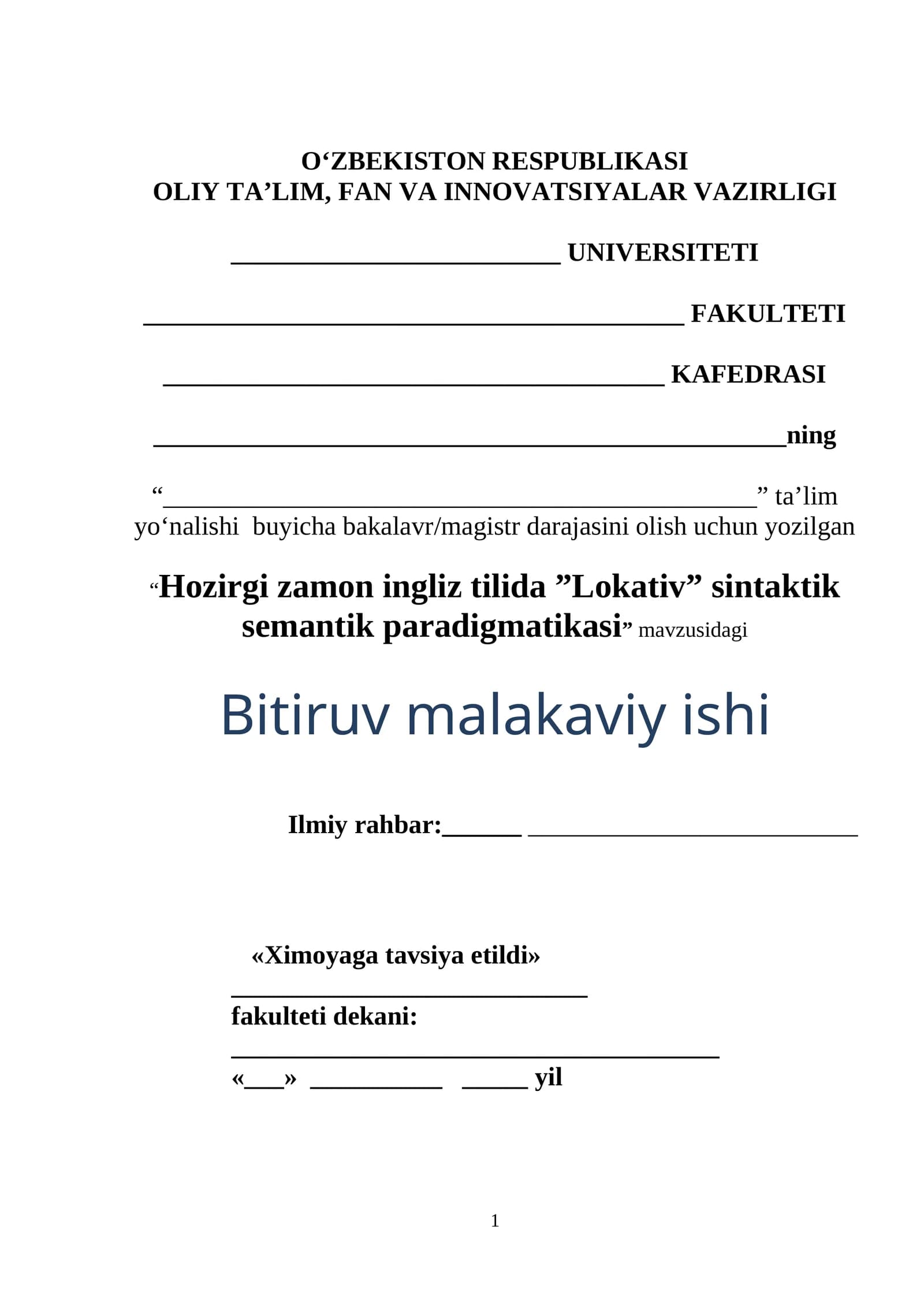 Hozirgi zamon ingliz tilida ”Lokativ” sintaktik semantik paradigmatikasi