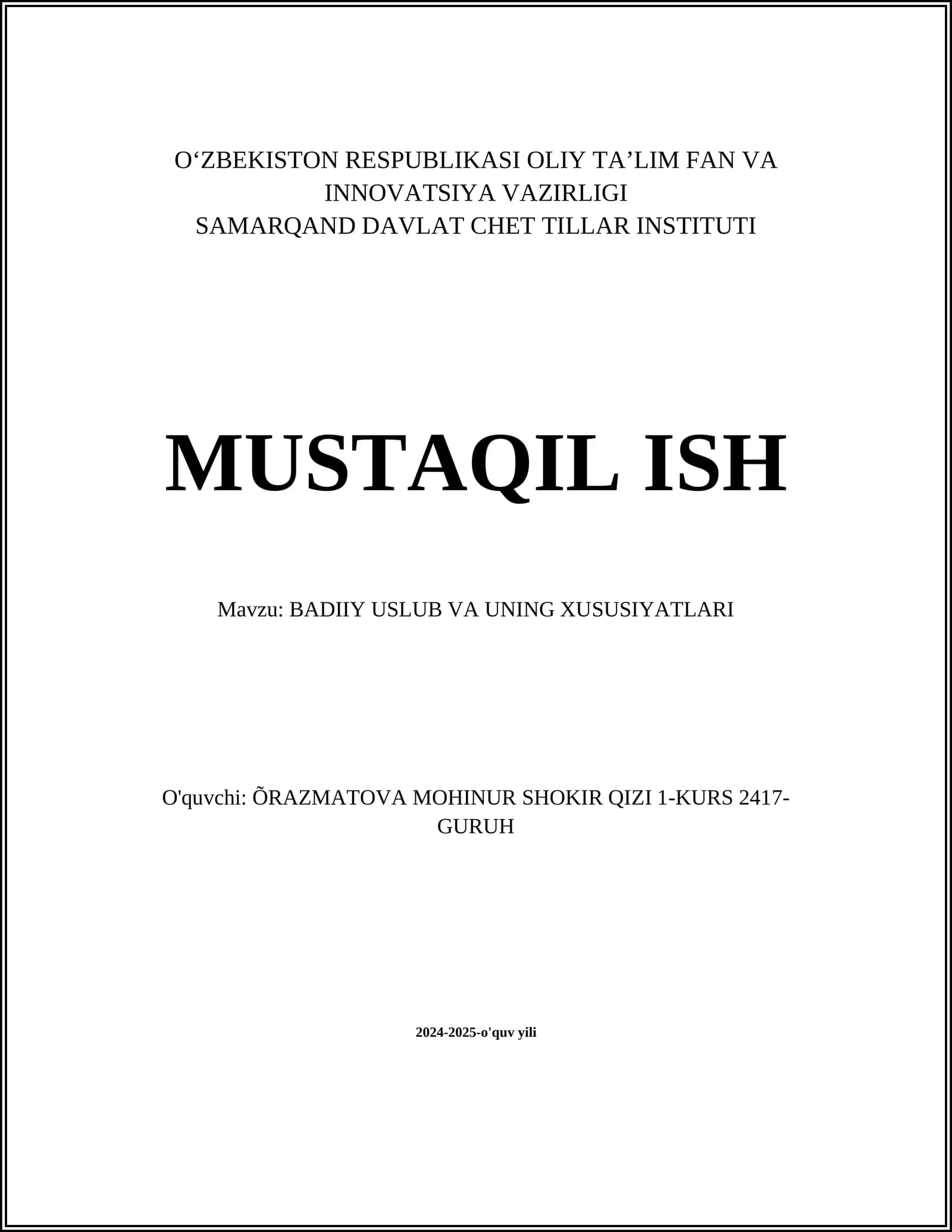 BADIIY USLUB VA UNING XUSUSIYATLARI