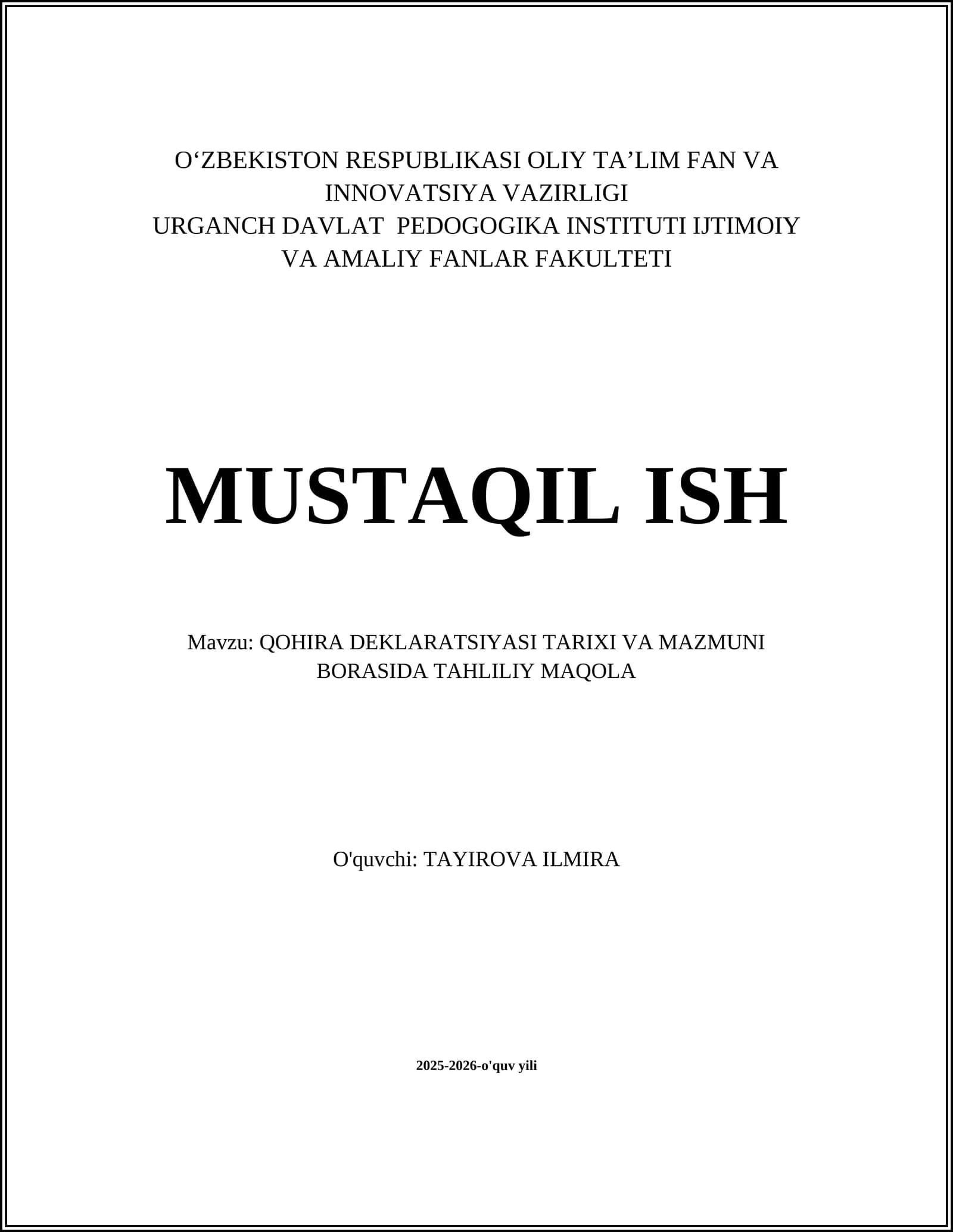 Qohira Deklaratsiyasi Tarixi va Mazmuni Borasida Tahliliy Maqola