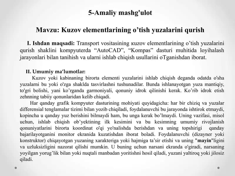 Kuzov elementlarining o’tish yuzalarini qurish