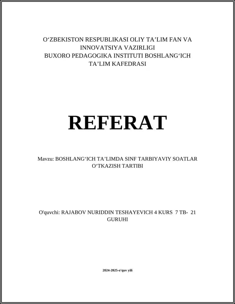 BOSHLANGʻICH TAʼLIMDA SINF TARBIYAVIY SOATLAR OʻTKAZISH TARTIBI