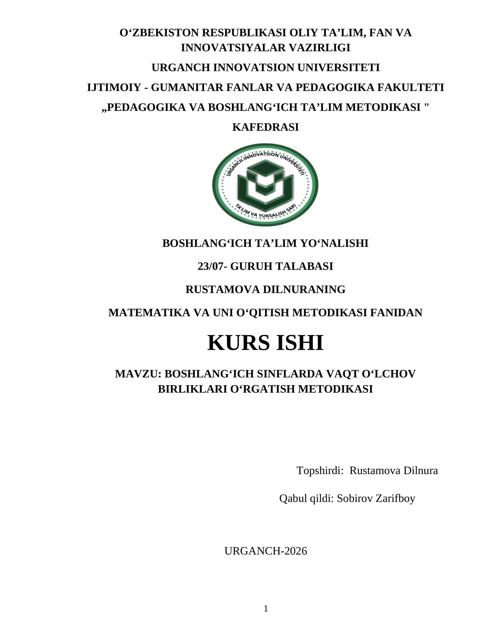 BOSHLANG‘ICH SINFLARDA VAQT O‘LCHOV BIRLIKLARI O‘RGATISH METODIKASI