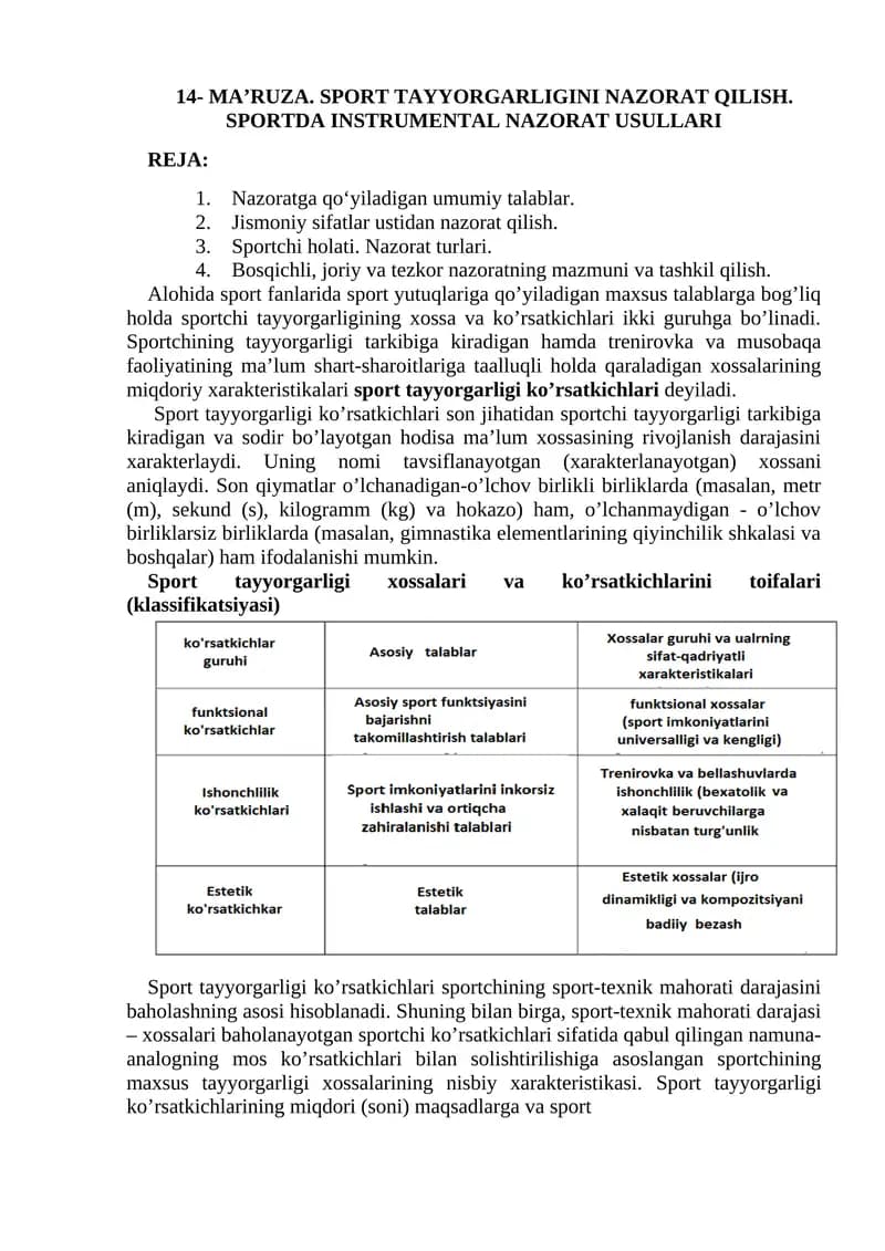 SPORT TAYYORGARLIGINI NAZORAT QILISH