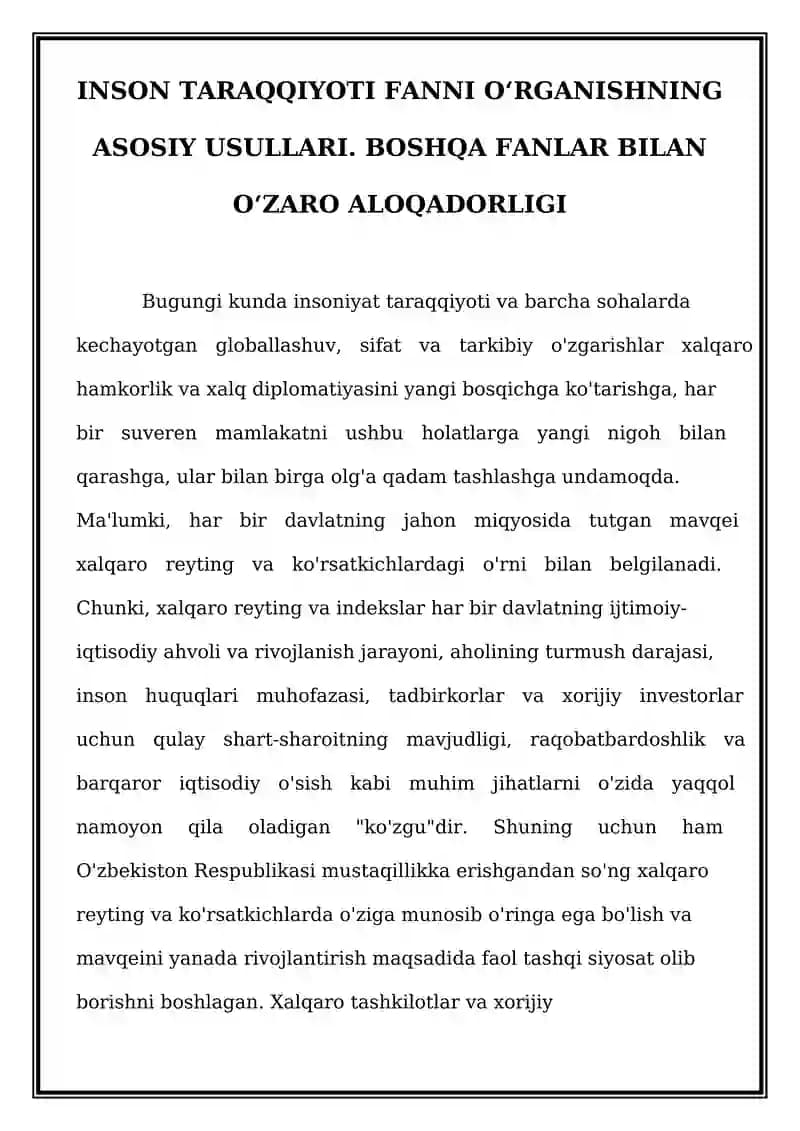 INSON TARAQQIYOTI FANNI O'RGANISHNING ASOSIY USULLARI