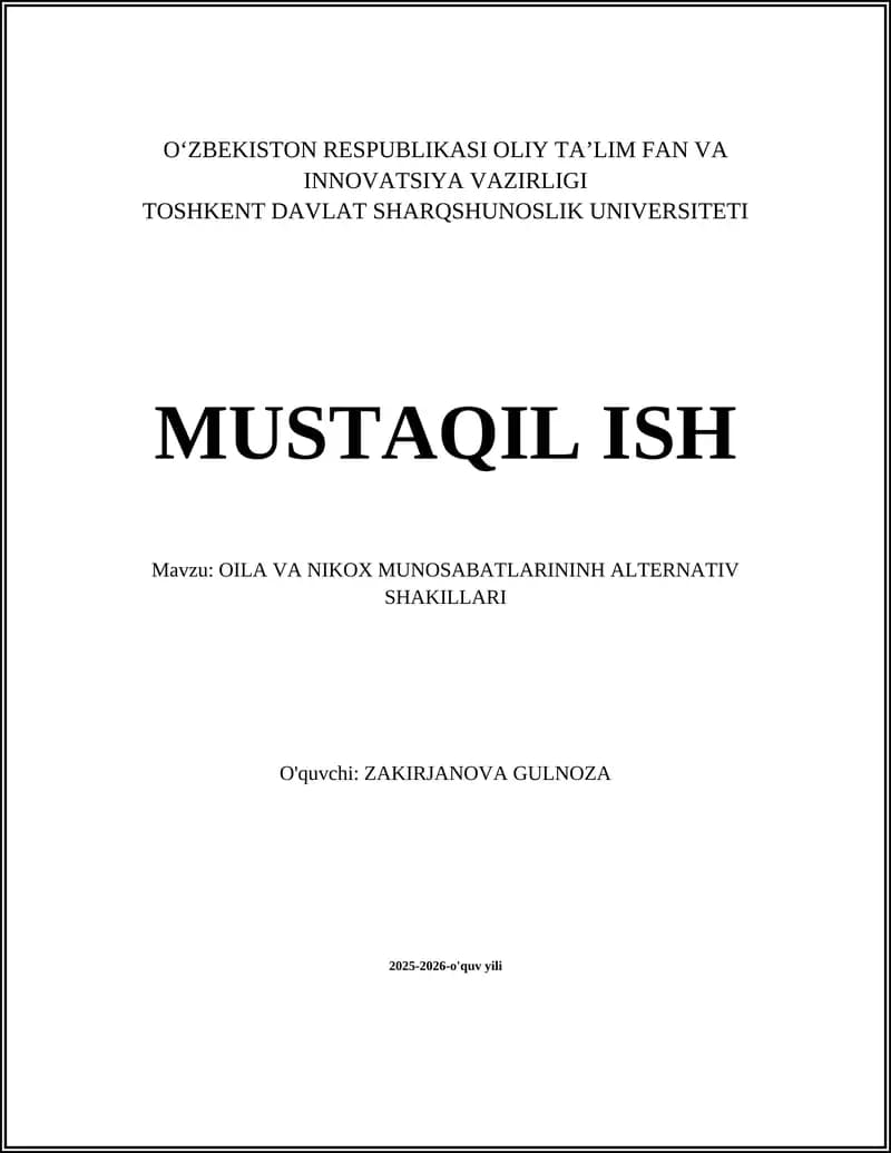 OILA VA NIKOX MUNOSABATLARININH ALTERNATIV SHAKILLARI