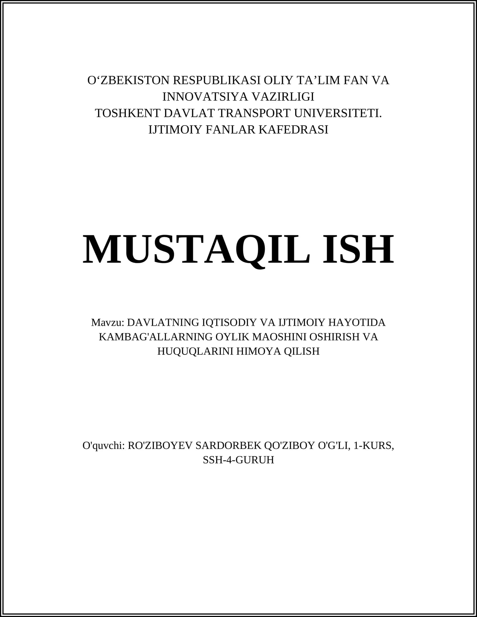 DAVLATNING IQTISODIY VA IJTIMOIY HAYOTIDA KAMBAG'ALLARNING OYLIK MAOSHINI OSHIRISH VA HUQUQLARINI HIMOYA QILISH