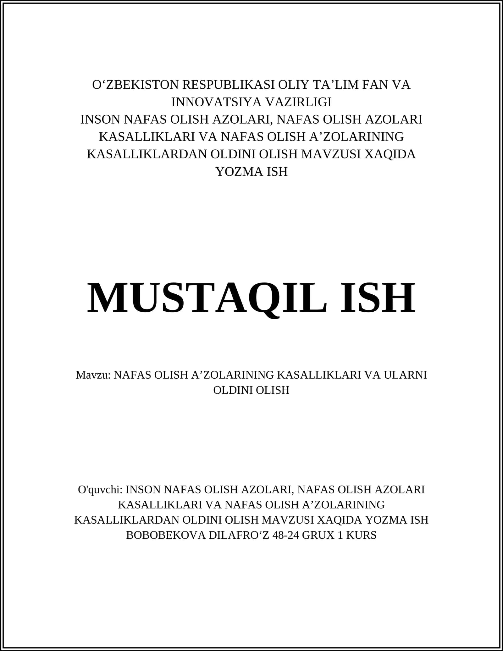 NAFAS OLISH AʼZOLARINING KASALLIKLARI VA ULARNI OLDINI OLISH