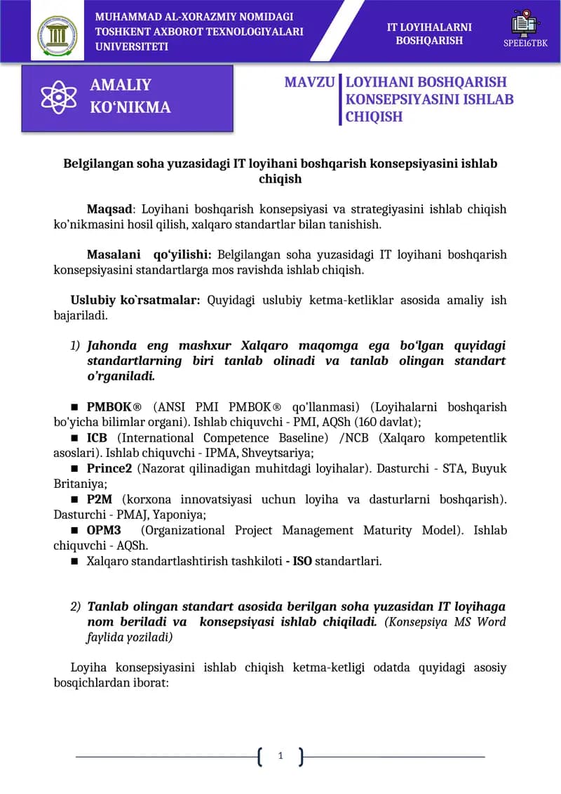 LOYIHANI BOSHQARISH KONSEPSIYASINI ISHLAB CHIQISH