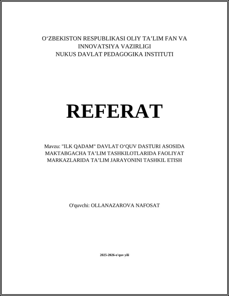 "ILK QADAM" DAVLAT OʻQUV DASTURI