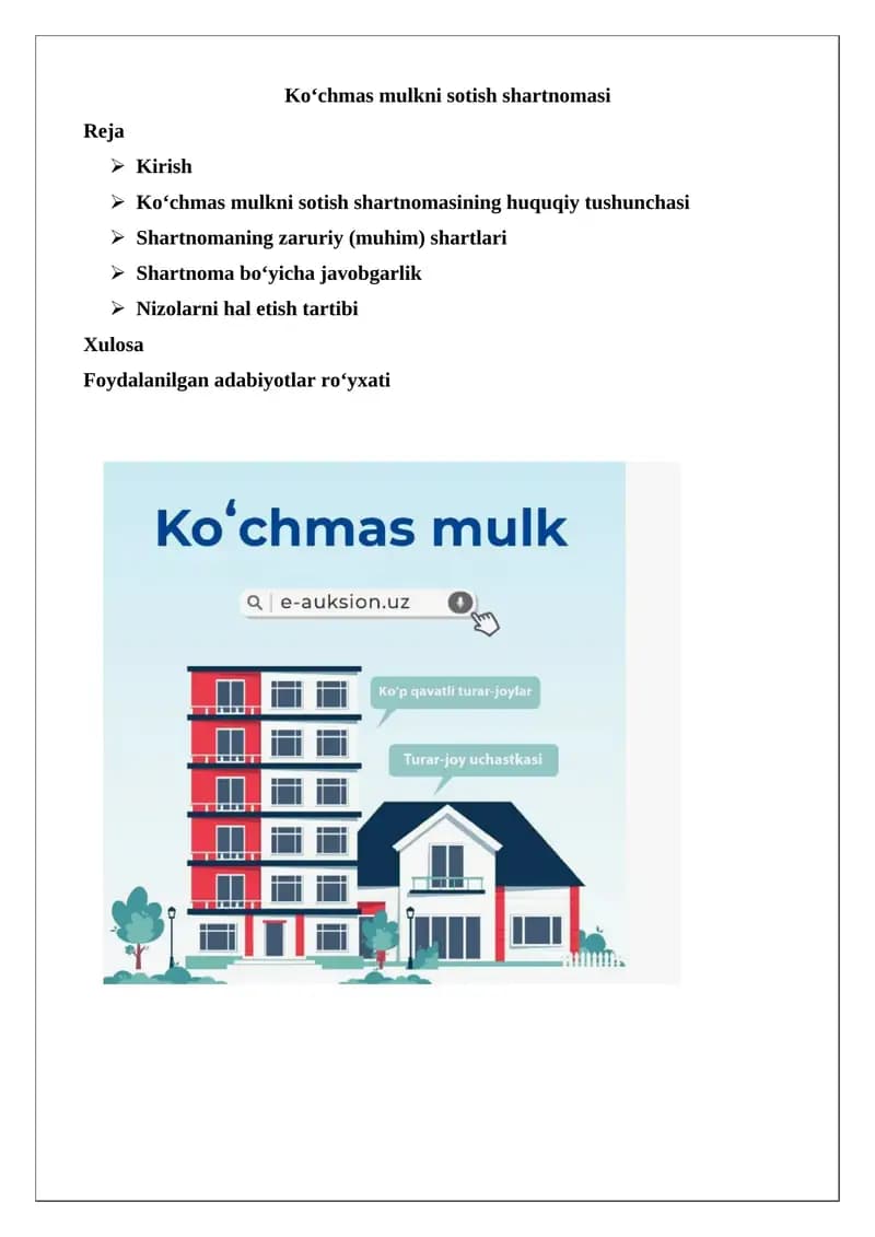 Ko‘chmas mulkni sotish shartnomasi