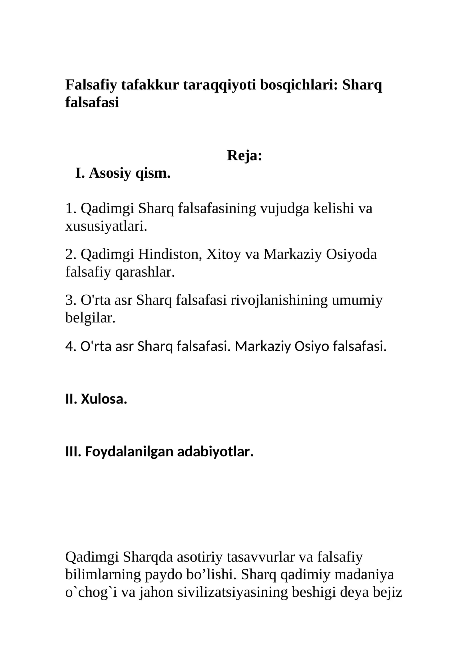 Falsafiy tafakkur taraqqiyoti bosqichlari: Sharq falsafasi