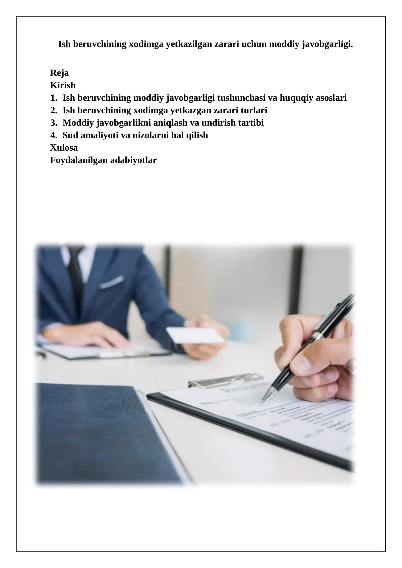 Ish beruvchining moddiy javobgarligi va xodimga zararlar turlari