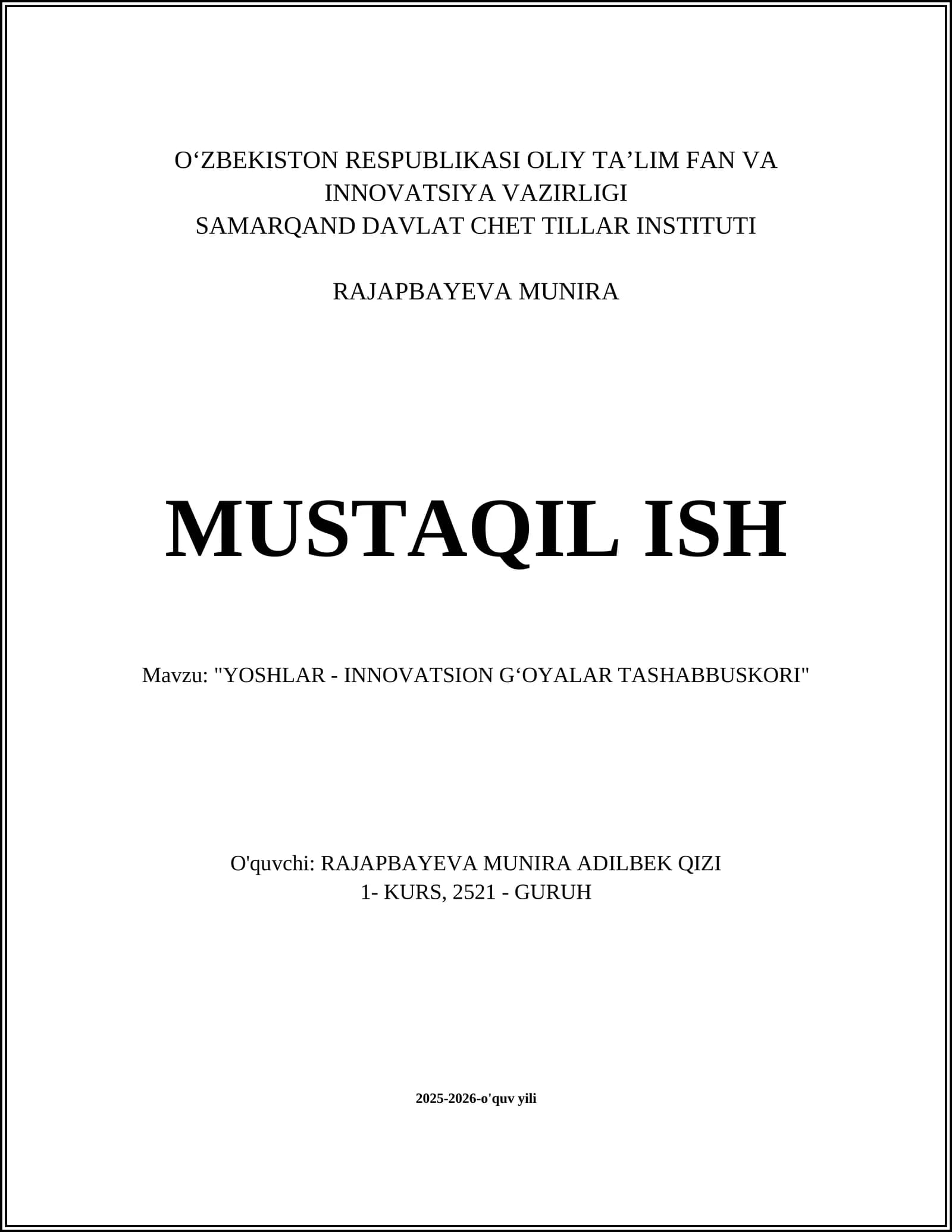YOSHLAR - INNOVATSION GʻOYALAR TASHABBUSKORI