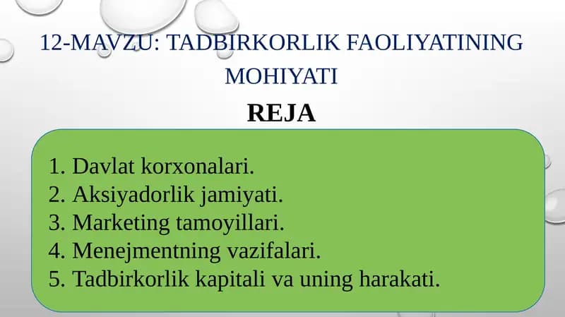 Tadbirkorlik faoliyatining mohiyati