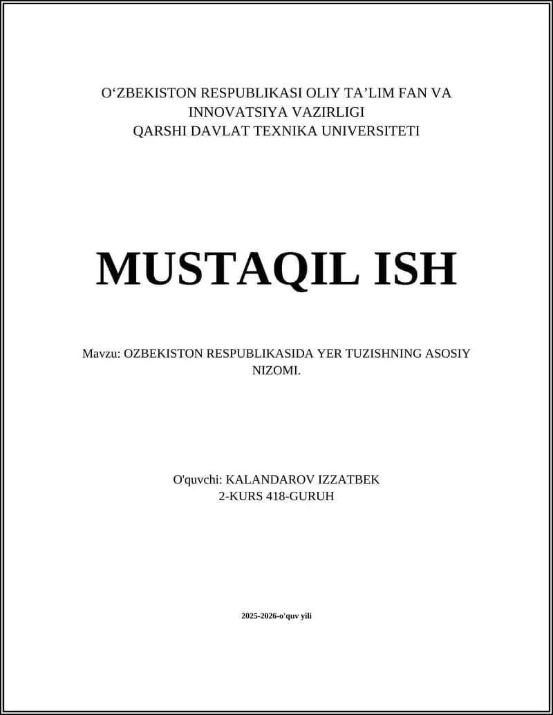 Oʻzbekiston Respublikasida Yer Tuzishning Asosiy Nizomi