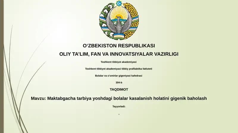 Maktabgacha tarbiya yoshdagi bolalar kasalanish holatini gigenik baholash