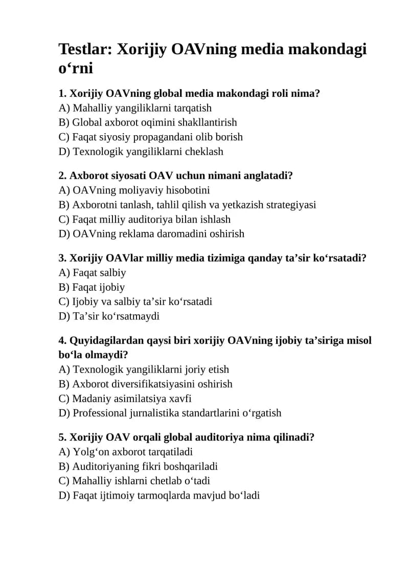 Xorijiy OAVning media makondagi o‘rni