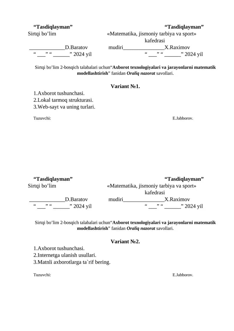 Axborot texnologiyalari va jarayonlarni matematik modellashtirish