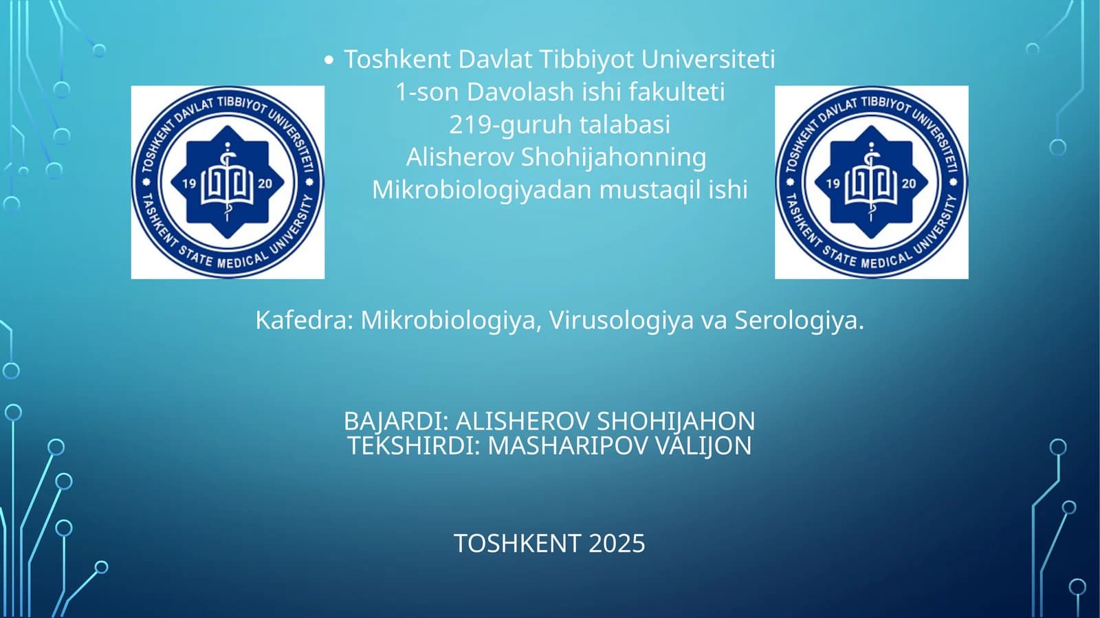 Alisherov Shohijahonning Mikrobiologiyada Mustaqil Ishi