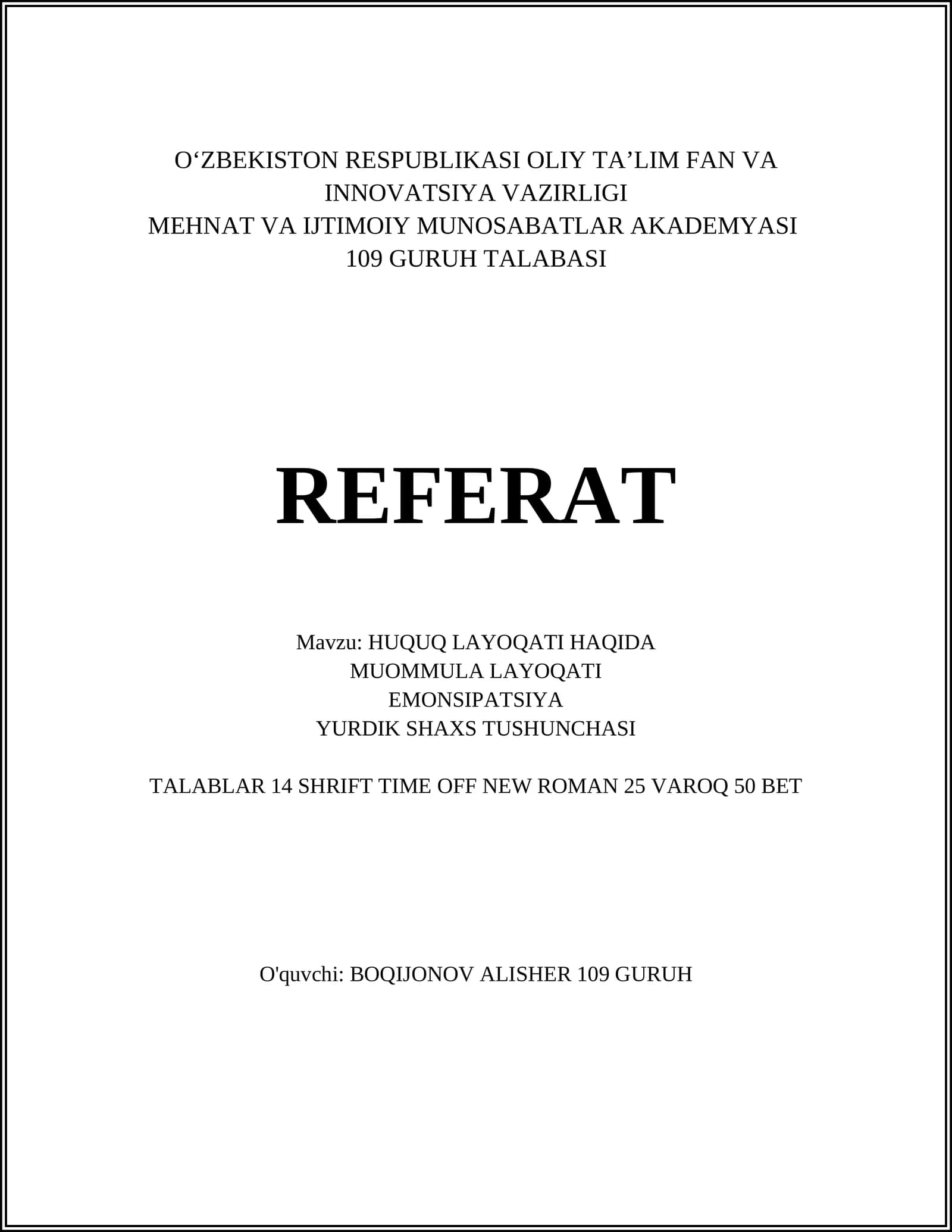REFERAT HUQUQ LAYOQATI HAQIDA