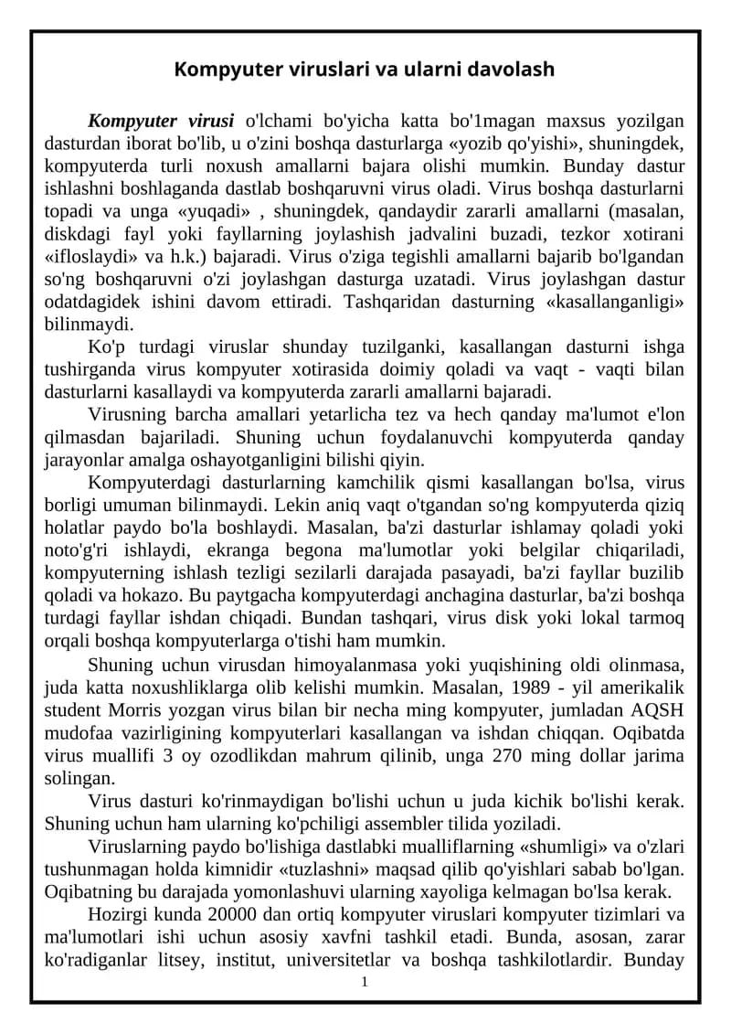 Kompyuter viruslari va ularni davolash