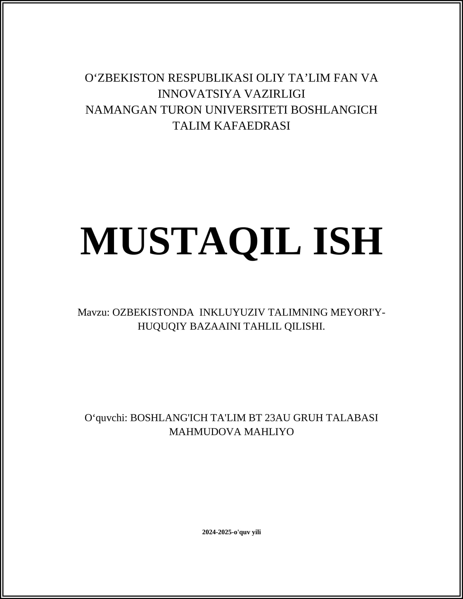 O‘zbekistonda inkluziv talimning meyoriy-huquqiy bazaa ini tahlil qilish