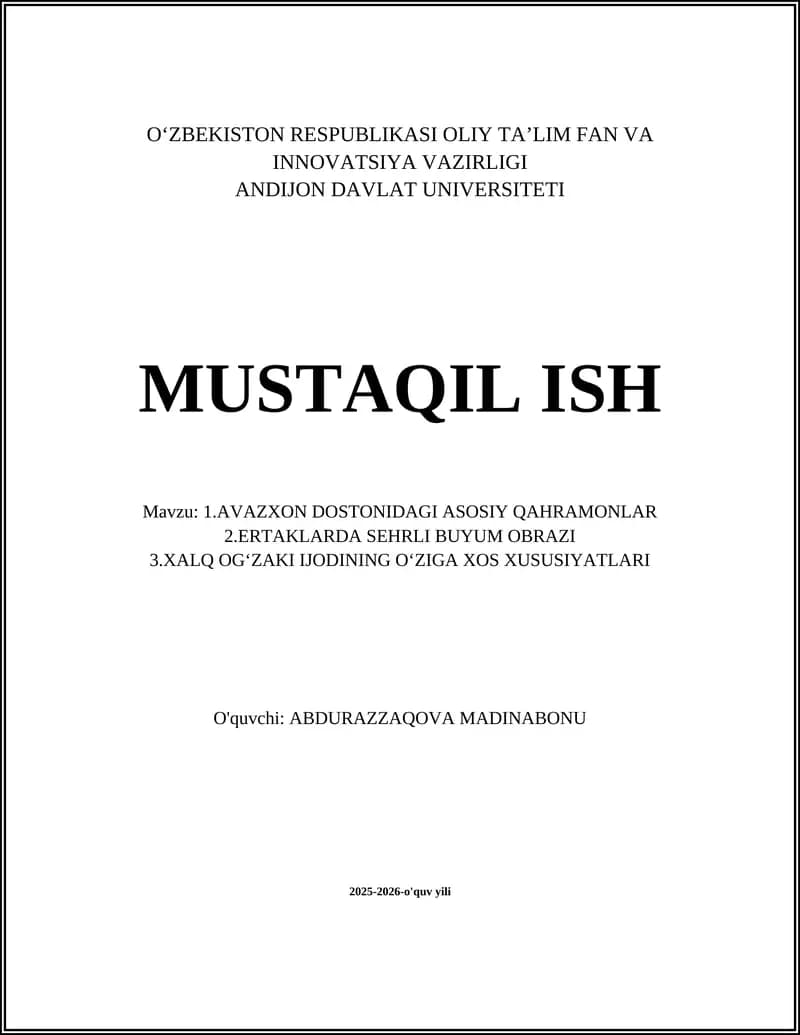 AVAZXON DOSTONIDAGI ASOSIY QAHRAMONLAR